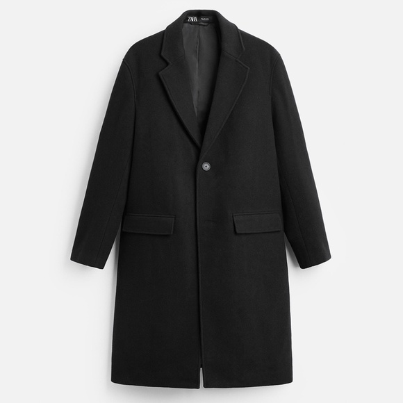 NEW ZARA MAN WOOL BLEND LONG TRENCH COAT BLACK 42 LARGE - Picture 1 of 7